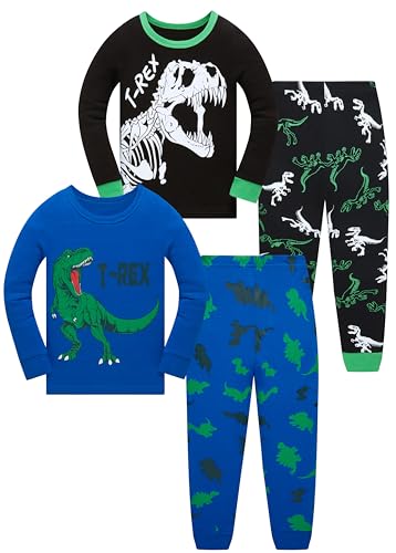 LOLPIP Jungen Pyjamas 4-teiliges Set Kleinkind Kleidung 100% Baumwolle Nachtwäsche T-Rex Dinosaurier Bedruckt Nachtwäsche Langarm 7 Jahre