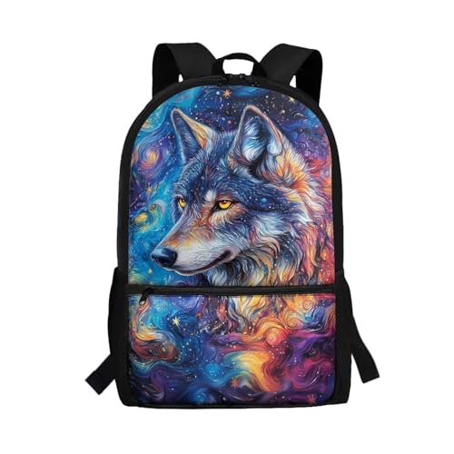 NETILGEN Mochila de 17 pulgadas para niños de escuela primaria, media alta, mochila de regreso a clases, mochila de día, Lobo nocturno estrellado