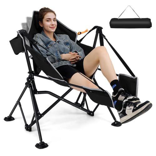 Costway Oversized Hammock Camping Chair with Footrest, Foldable Swing Chair for Adults w/Cup Holder, Wide Padded Seat, Adjustable Back, Headrest, Rocking Chair for Yard, Load 150 KG (Black+Gray)