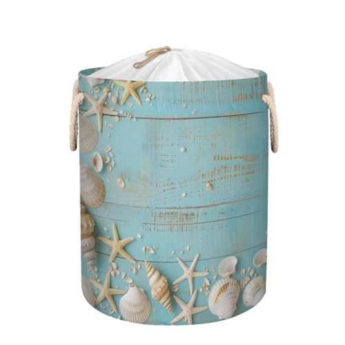 Cesta grande para la ropa sucia, 58 L, diseño vintage de conchas marinas y estrellas de mar, plegable, para mantas, juguetes de niños, ropa sucia, cesta alta para guardería de bebé, decoración de