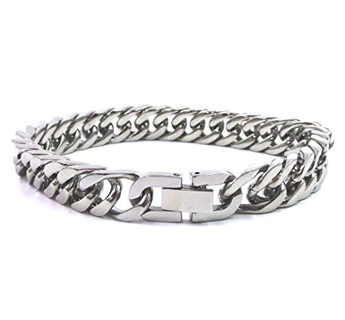 ( 京都 おかげさまで ) ステンレス ダブル 喜平 ブレスレット 4面カット 鏡面仕上げ 幅 10mm 12mm 中折れ式 ジョイント (ステンレス 幅10mm, 20)