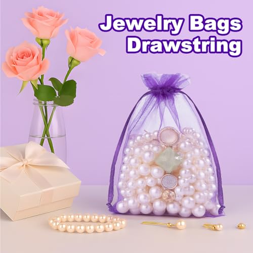 Image of Crweety 50 Pcs 6x9 Inch Purple Organza Bags, Small Mesh Gift Bags Drawstring Elegant Scented Sachet Bag Empty for Graduation, Jewelry Packaging, Wedding Birthday Party Favor & Baby Shower Treats