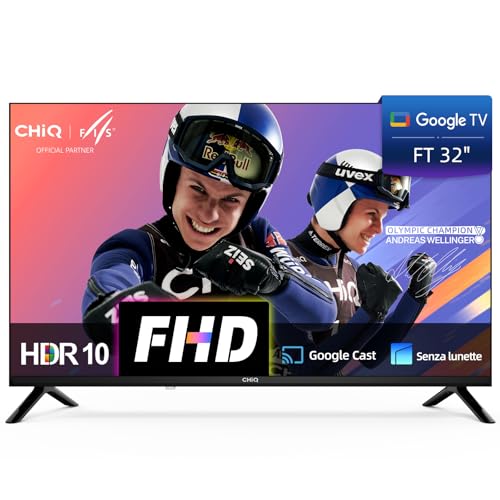 CHiQ LF32FT Smart TV 32 pollici (81 cm), Full HD, HDR10, Google TV OS, Dolby Audio & dbx-tv, Tuner Triplo, Chromecast Incorporato, Design Metallico Senza Cornice