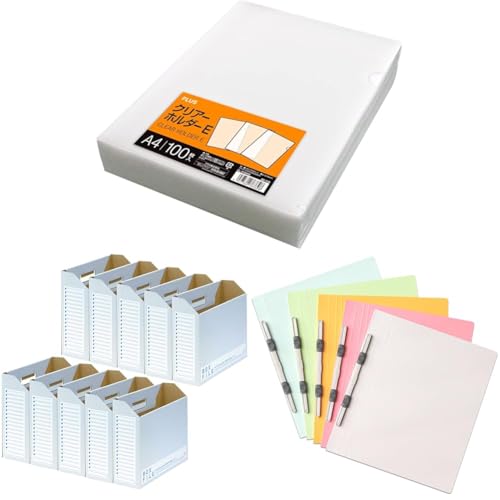 【セット買い】プラス クリアファイル クリアホルダー E A4 100枚 0.18mm 透明 (乳白)クリアー FL-270HO 88-136 + ファイルボックス エコノミー 10冊 A4横 背幅100mm ブルー 553-988 + フラットファイル