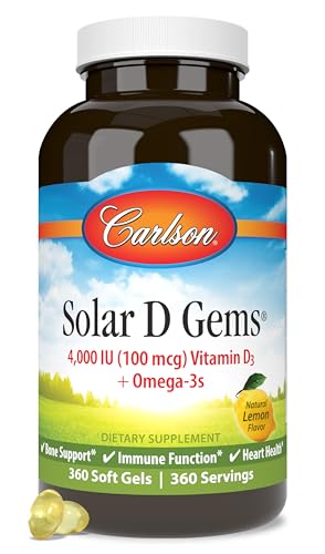 Carlson – Solar D Gems, Vitamin D3 and Omega-3 Supplement, 4000 IU (100 mcg) D3, 115 mg Omega-3 EPA and DHA, Vitamin D Fish Oil Capsule, Bone & Immune Health, Vitamin D Supplement, Lemon, 360 Softgels