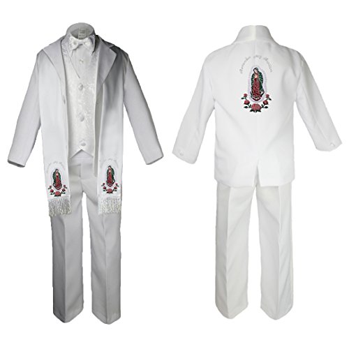 Image of Baby Boy Christening Paisley Suit Silver Guadalupe Maria on Stole & Back SM-20