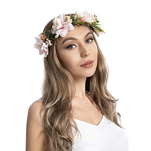 Wiwpar Artificial wreaths Flower Hair Wreath Headband Garland Flowers Floral Crown Elastic Adjustable Head Piece Wedding Party Accessories for Women Girls (Pink)