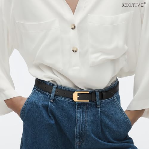 XZQTIVE Women's Thin Leather Belts Ladies Skinny Black Belts for Jeans Dress Pants Trendy Waist Belt with Gold Buckle3