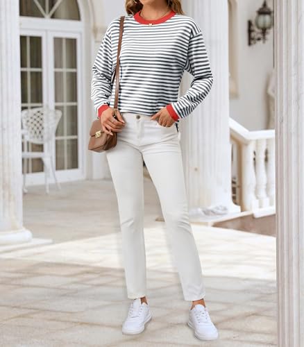 Image of Womens 2024 Striped Long Sleeve Sweaters Fall Crewneck Color Block Shirts Knited Pullover Tops Side Split Dark Blue White