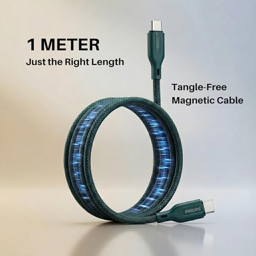 Image of PHILIPS DLC7130CT 100W Magnetic Type-C to Type-C Fast Charging Cable (1m, Crystal Teal) | Nylon Braided | Compatible with iPhone 15+ Series, USB-C iPad Models, Samsung Galaxy & All Type C Devices