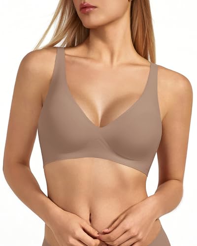 VQJ Women's Wireless Bra Ultra Soft Deep V Plunge Jelly Push Up, Seamless Comfort Bralette with Light Support, No Underwire Everyday T-Shirt Bra