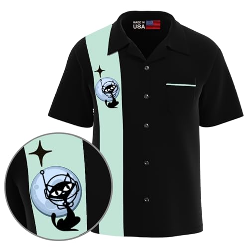BeRetro Moon Landing Bowling Shirt for Men - Made in USA (US, Alpha, X-Large, Regular, Regular, Black)