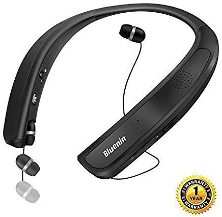Bluetooth Headphones Speaker 2 in 1,Bluenin Neckband Wireless Headset Wearable Speaker True 3D Stereo Sound Sweatproof Headphones with Retractable Earbuds Built-in Microphone (Titanium Black)