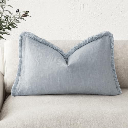 Image of Foindtower Decorative Linen Fringe Lumbar Throw Pillow Covers Cozy Boho Farmhouse Cushion Cover with Tassel Soft Accent Pillowcase for Sofa Bed Living Room Home Decor, 12x20 Inch,1PC,Sky Blue