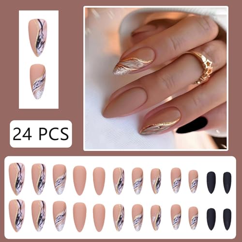 Brown Glitter Lines Press On Nails - Medium Almond Design