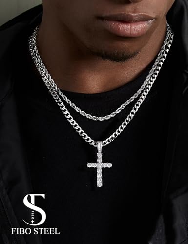 925 Sterling Silver Cross Necklace Men - CZ Cross Pendant Layered Necklaces Waterproof Stainless Steel Cuban Link Rope Chain Silver Necklace Stack Jewelry with Gift Box 16-30 Inches3