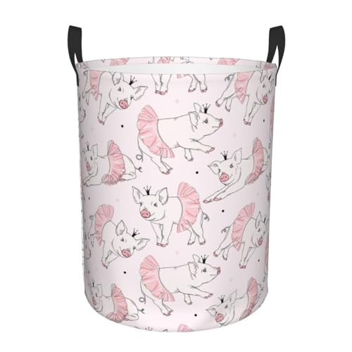 Kuilepa Cute Piggy Ballerina Print Laundry Basket Circular Laundry Hamper With Handles Waterproof Dirty Clothes Storage Basket For Bedroom Bathroom Dorm Living Room-Medium