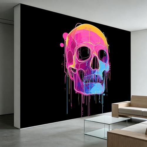 Papel pintado no tejido efecto 3D neón calavera 450 x 280 cm XXL papel pintado fotográfico dormitorio arte digital papel pintado salón pared decoración pasillo pared murales