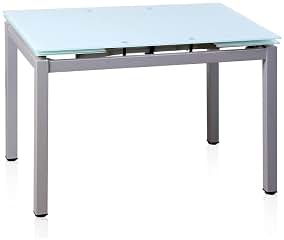 HOGAR24 ES Conjunto Mesa de Cocina Extensible de Cristal, Color Blanco, Estructura Acero + Juego de 4 Sillas de Cocina Color Blanco/Gris.