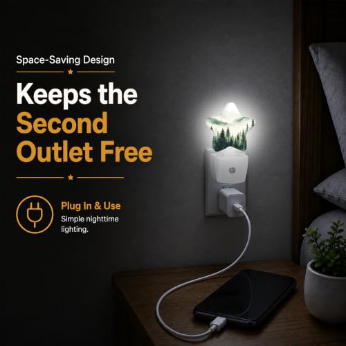 Image of Green Misty Forest Plug in Star Night Light, Night Light with Sensor for Kids Nursery Bedroom, Decorative Soft Glow Lamp for Hallway Bathroom, Energy Saving