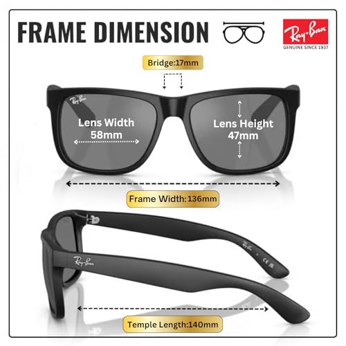 Image of Ray-Ban RB4165F JUSTIN COLOR MIX CLASSIC LOW BRIDGE FIT Square Shape Sunglasses for Men with Official Eyewear Kit
