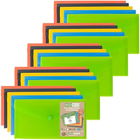 eco-eco A6 50% Recycled Assorted Colours Press Stud Popper Wallet, Plastic Folders (Pack of 5), eco078