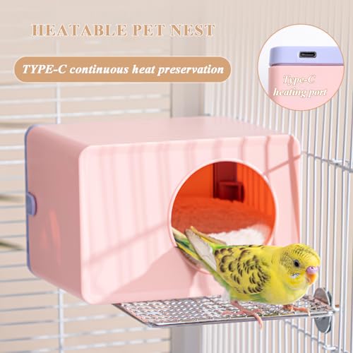 Image of Heated Nest Box for Small Birds and Hamsters Like Budgerigars, Zebra Finches, Java Sparrows, Pearl Birds, Lovebirds, Keeping Them Warm in Winter (Pink)