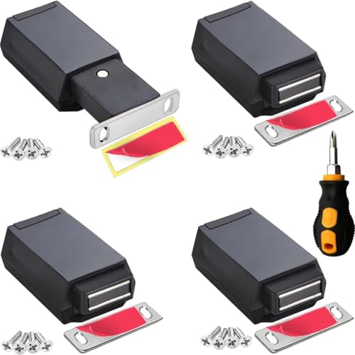 Magnetic Push to Open Cabinet Hardware CBRIVE 4Pack Heavy Duty Push Latch & Lock for Hidden Door Touch Latches and Catch Magnet Push Release Drawer Pull Tip On RV Closet Close Strong Pop Out, Black