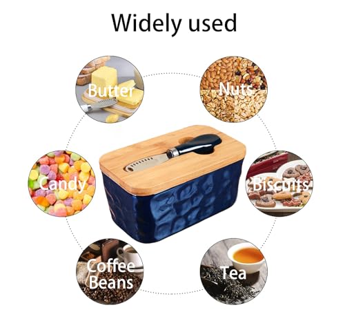 Ceramic Butter Dish with Lid and Knife Porcelain Butter Container with Butter Cutter Butter Knife Easy Spread Kitchen Accessories Tableware (Blue) - Image 7