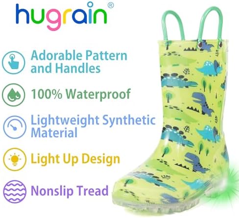 HugRain Toddler Boys Rain Boots Baby Kids Light Up Printed Waterproof Shoes Rubber Garden Puddle Boots Lightweight Adorable Cute Green Dinosaur Easy-On Handles and Insole (Size 10,Green) - 3