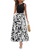 Zattcas Sleeveless Summer Dresses for Women 2026 Tank Top Patchwork Knit Crew Neck A Line Flowy Modest Business Casual Work Teacher Church Long Maxi Dress with Pockets Black White S