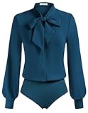 Kate Kasin Women Peacock Blue Professional Business Blouse Dressy Casual, Long Sleeve Body Suits, Button Up Work Bodysuit Tops S