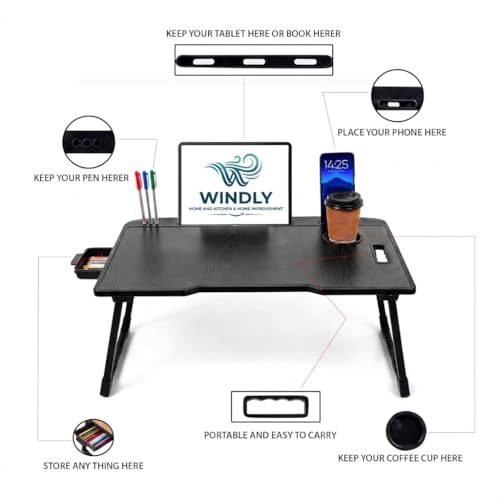 Image of WINDLY Wood Multipurpose Foldable Laptop Table with Cup Holder | Table Home Study Writing Table, Foldable and Portable /Ergonomic Edges Kids & Adults (Black)