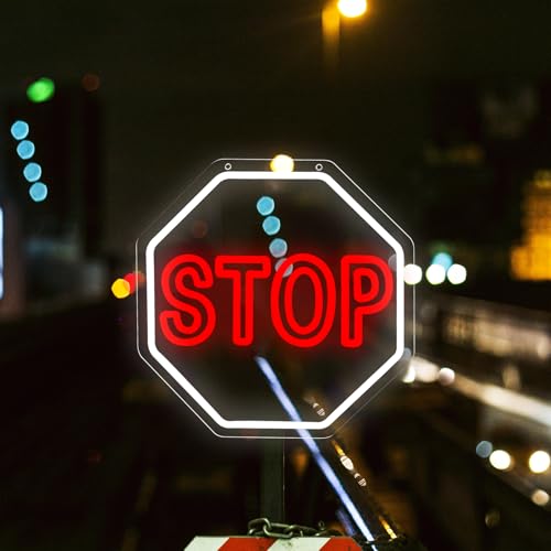 Image of STOP Neon Signs Warning Neon Lights Wall Decor for Parking Garage, Apartment Complex,Garage, Gate,Home 12.2 x 12.2 IN-USB Powered-Acrylic