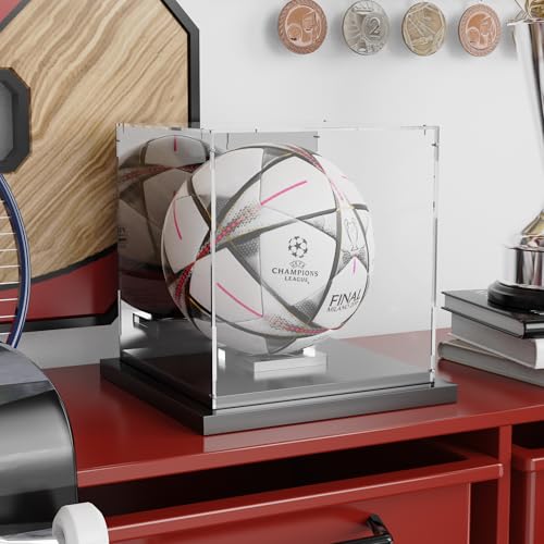Xiomot Soccer Ball Display Case Clear Acrylic Display Case Box with Mirror Back and Black Metal Grooved Base Stackable Holder with Removable Built-in Soccer Ball Stand for Sports Collectibles - Thumbnail 6