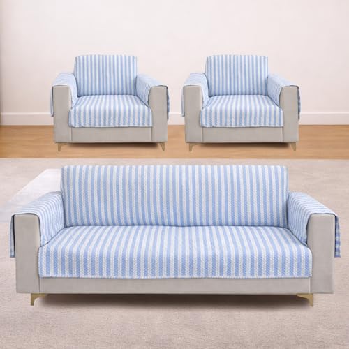 Image of Homerz Premium 5(3+1+1) Seater Quilted Reversible Sofa Cover Mat with Pocket Arms | Polyester Blend 350 GSM Full Coverage & Back Belt for Stability (Azurea, 5(3+1+1) Seater)