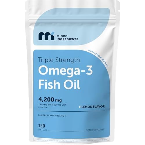 Micro Ingredients Triple Strength Omega 3 Fish Oil Supplements 4200mg Per Serving, 120 Softgels – Lemon Flavored – Burpless | EPA 1200mg + DHA 900