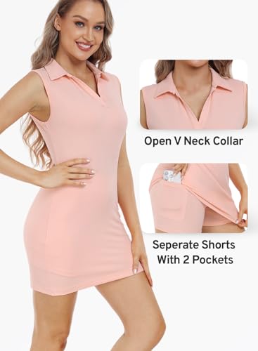 Image of Hiverlay Golf Dresses for Women with Shorts and Pockets, V-Neck Short Sleeve Tennis Dress, Workout Athletic Dresses