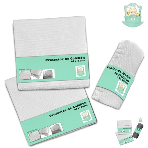 Pack de 2 Unidades. Protector Cuna 120x60 y + Toalla Bebé Algodón Suave 30x50| Absorbente, Anti Ácaros, Transpirable | Set Fabricado en UE | Protector Colchón Cuna: Impermeable y Silencioso