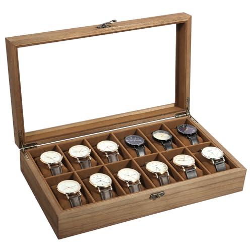 Uten Boîte à Montres 12 Compartiments, Coffret à montres en Bois, Couvercle en Verre, Coffret de Rangement pour Montres pour Hommes et Femmes, Coussinets Coton de Soie, Doublure Marron, Idée Cadeau