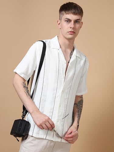 Image of StitchX Men's Half Sleeve Textured Cotton Contrast Stitch Detail Shirt