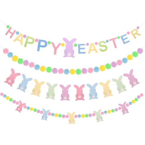 Image of 4 Pcs Easter Day Bunny Felt Banner Colorful Happy Easter Felt Banner Colorful Pink Blue Yellow Pom Pom Ball Garland Bunny Rabbits Pompom Hanging Banner Hanging Garland for Home Party Favors
