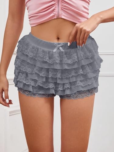 Image of Women Y2K Lace Multi-Layered Bloomers Lolita Ruffle Shorts Cute Mini Skirt | Tiered layers, elastic waist, pumpkin pants, for rave party /country concert /festival