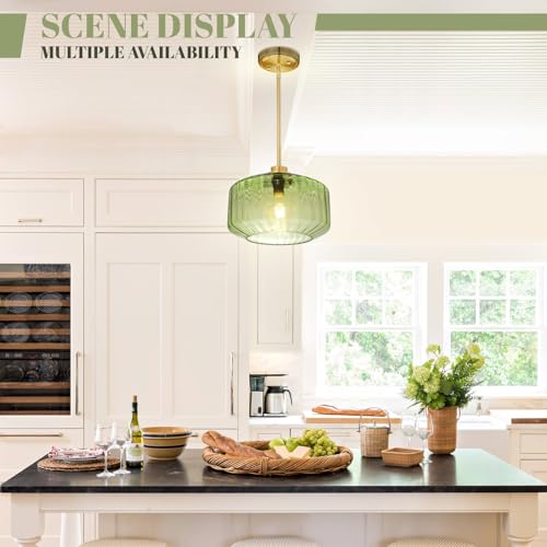 Image of Modern Green Pendant Lights 11.02 inch Green Flush Mount Ceiling Light Fixtures with Hammered Glass, Gold Mid Century Chandelier for Bedroom Dining Room Kitchen Island