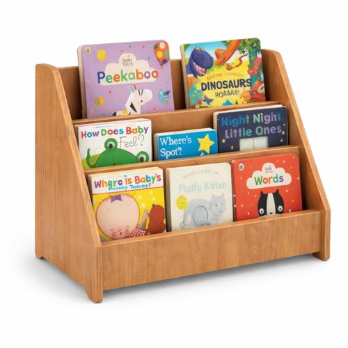 Image of Montessori Book Shelf for Kids and Toddlers - Wooden Book Organizer and Reading Rack for Nursery, Study Room, or Bedroom - Child-Safe Bookshelf for Home Use (Brown)