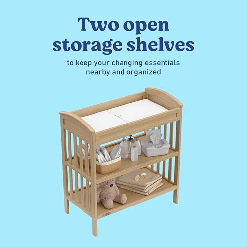 Image of Graco Benton Changing Table with Bonus Water-Resistant Changing Pad (Driftwood) - GREENGUARD Gold Certified, Includes Diaper Change Pad with Safety Strap, 2 Open Storage Shelves for Organizing