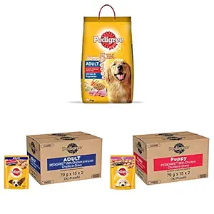 Pedigree Dry Dog Food, Chicken & Vegetables Flavour, 6kg Pack & Wet Dog Food, Chicken & Liver Chunks in Gravy Flavour, Pack of 30 & Wet Food for Puppy, Chicken Chunks in Gravy Flavour, Pack of 30