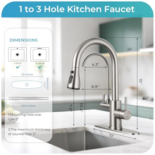 Image of Kitchen Faucets with Water Filter - Brushed Nickel 2 in 1 2-Handle Kitchen Faucet with Pull Down Sprayer, High Arc Stainless Steel Pull Out Kitchen Sink Faucet with Deck for 1 or 3 Hole