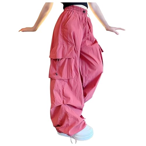 Cargo Pants for Girls Elastic High Waist Joggers Y2K Baggy Parachute Sweatpants Adjustable Drawstring Pockets