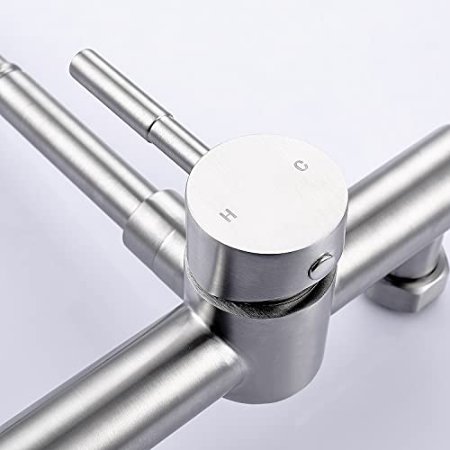 Wall Mount Faucet With Sprayer 7.6-8.4 Inch Center, Commercial Kitchen Sink Faucet, Brushed Nickle Stainless Steel Sink Mixer Tap, Laundry Utility Faucets With Pull Down Sprayer, Nsf Lead-Free #TOP4